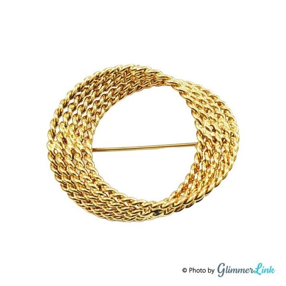 Vintage 1980s Monet Gold Tone Circular Rope Textured Brooch - Picture 1 of 6